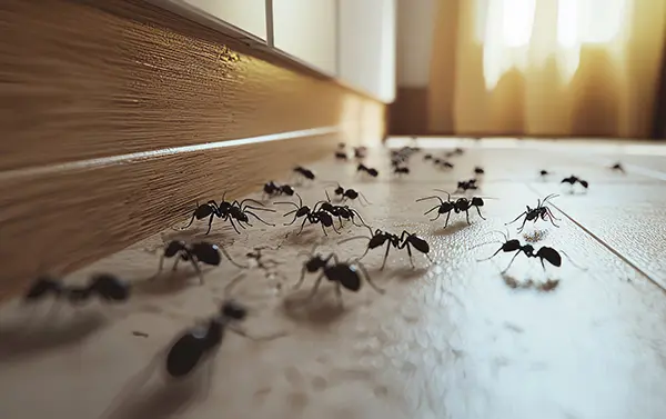 Ants crawling on a linoleum floor