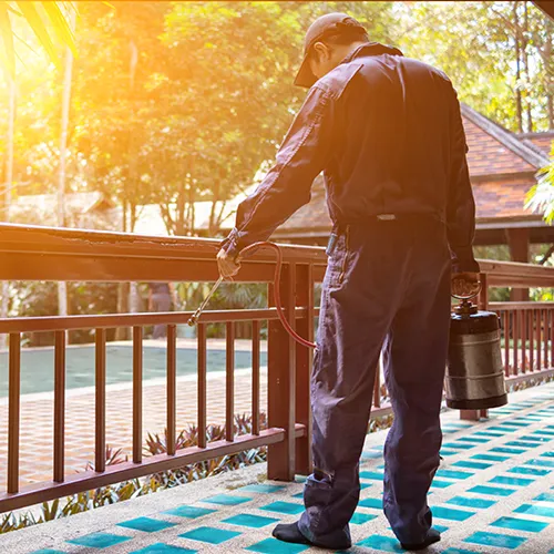 Pest control technician treating a patio deck - Keep pests away from your home with Florida Pest Control in FL